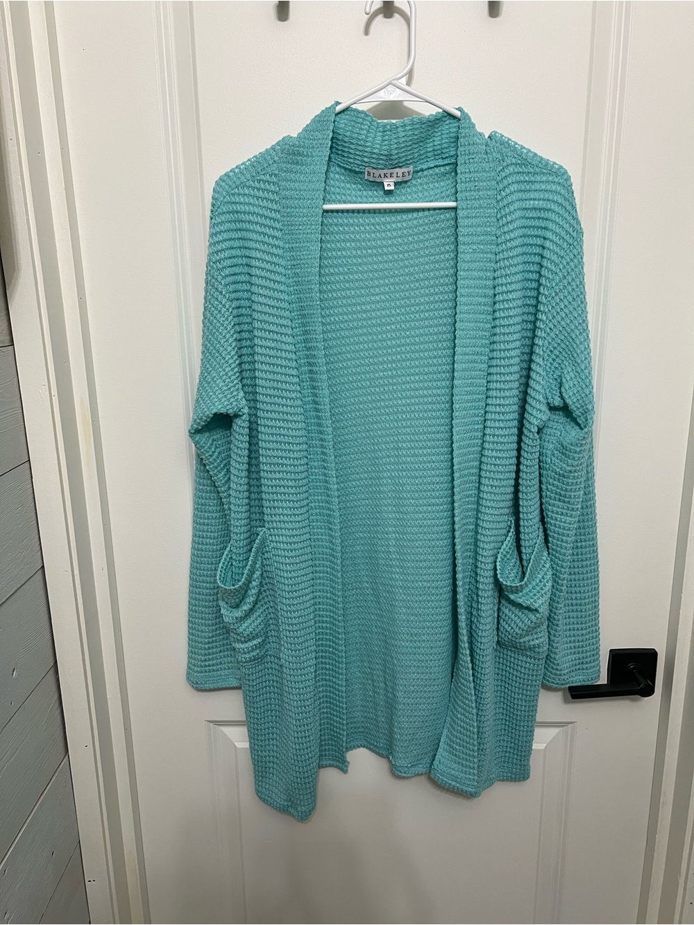 Blakely Aqua Open-Front Waffle Knit Cardigan with Pockets